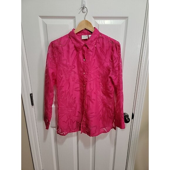 Chico’s Size 1 (M/8) Pink Button Front Sheer Blouse LS Floral Burnout Shirt - Picture 6 of 11